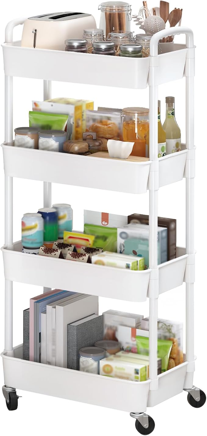 Sywhitta 4-Tier Plastic Rolling Utility Cart with Wheels for Storage,White | Multi-Functional Storage Trolley, for Office, Living Room, Kitchen, Bathroom,Movable Organizer,Space-Saving,Easy to assemble by haseverythingyouneed