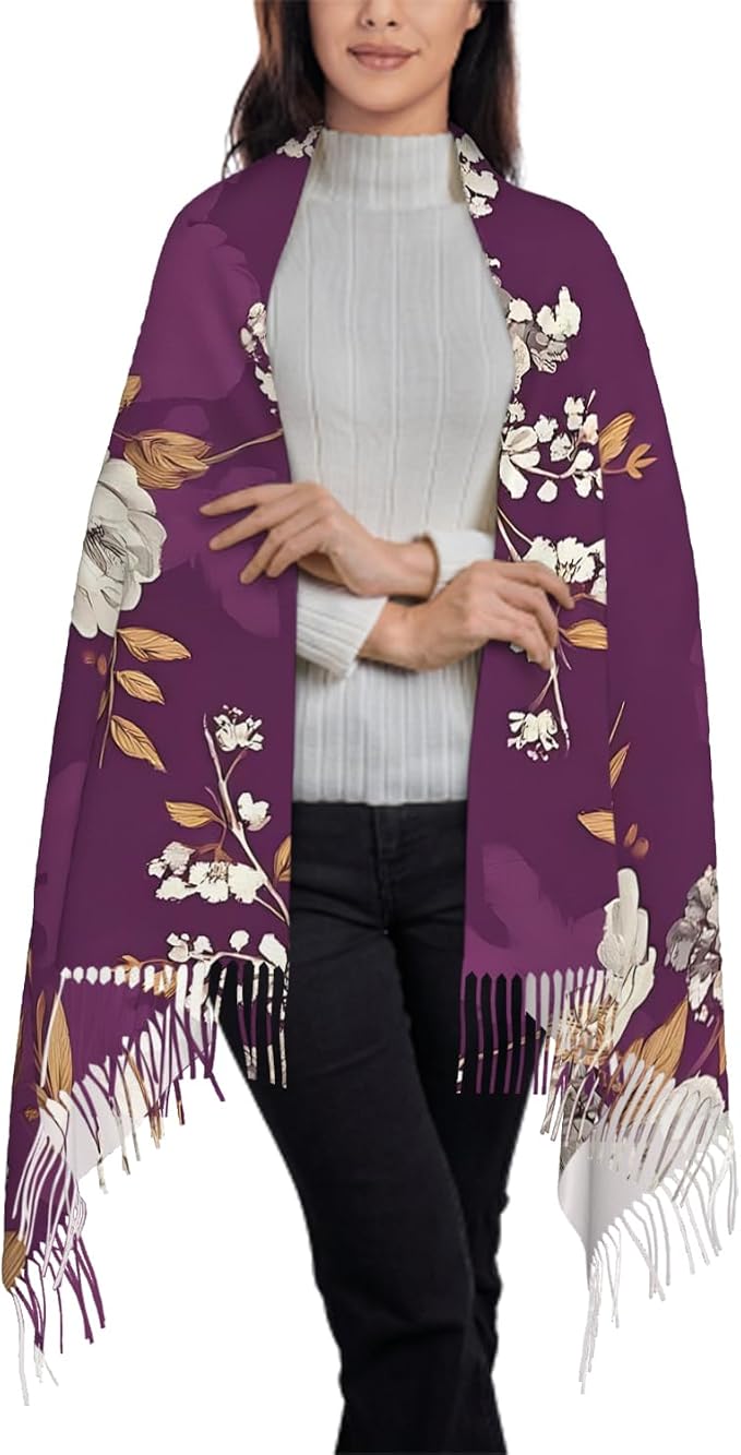 IBILIU Oversize Scarf for Women Floral Flower Purple Prune Color Scarf Tassel Scarves Fall Winter Shawl Wraps - 77.6 x 28.3in - Image 3