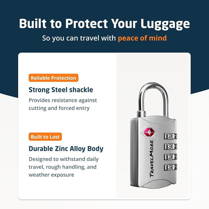 Luggage Locks TSA Approved, 4-Digit Travel Combination Locks | TSA Accepted, Easy to Use, Compact, Lightweight, Durable, Zinc Alloy Body, for Suitcases, Backpacks, Zippers, 3-Pack, Silver - Image 8