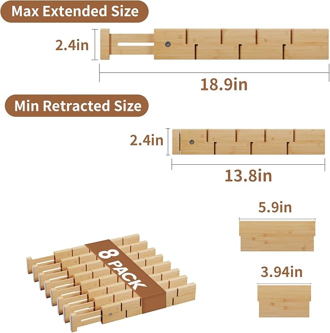 Bamboo Drawer Dividers 8 Pack with Inserts, Kitchen Adjustable Drawer Organizers for Home, Bedroom, Dresser, Expandable Organization 8 Dividers with 16 Inserts - Image 3