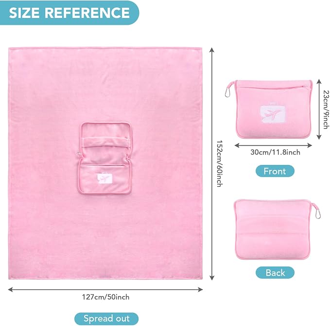 Travel Pillow and Blanket 2-in-1 Set Airplane Pink 60x50 Inch | Plane Packable, Soft Warm and Lightweight Flannel, Hand Luggage Sleeve and Backpack Clip, Plane Flight Car Trips - Image 2