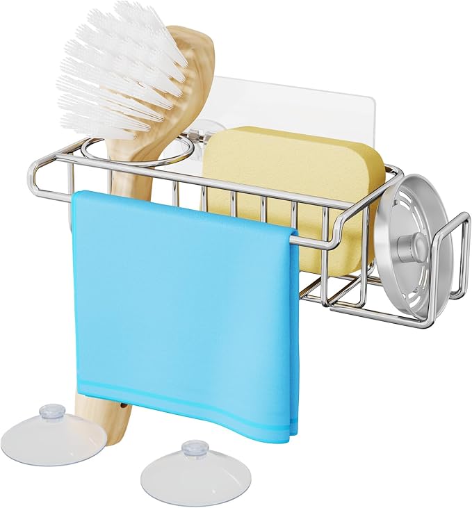 HapiRm 4 in 1 Sink Caddy Sponge Holder, SUS304 Stainless Steel Kitchen Brush Holder and Dish Cloth Hanger, Kitchen Organizers and Storage Essentials - Silver by HapiRm