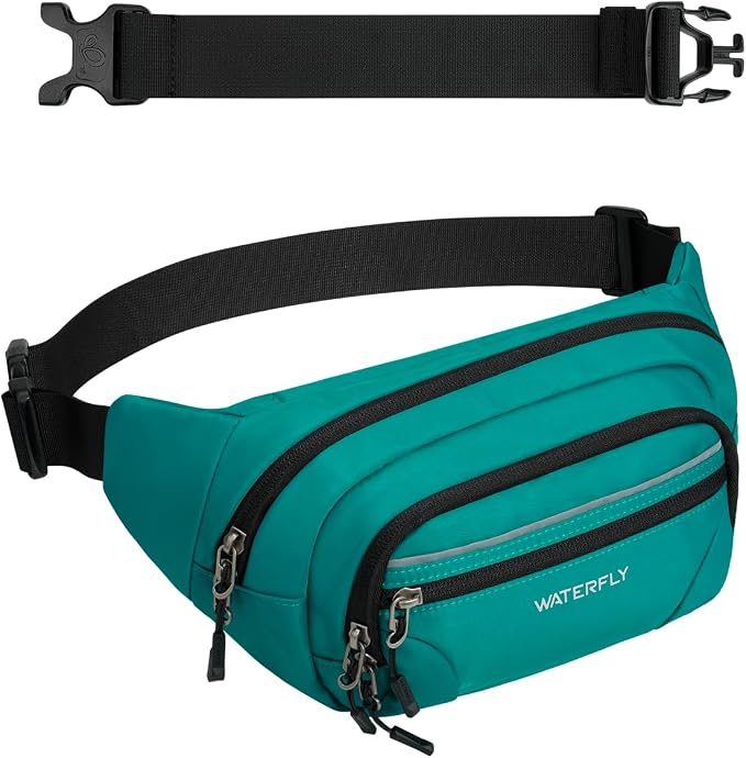 WATERFLY 3.5L RFID Fanny Pack: Anti-Theft 12" Extender Belt for Travel | Large Capacity Multi-Pocket, Water-Resistant Nylon, Reflective Strips, Breathable Padding, Hiking Walking Daily, Women Men by Waterfly