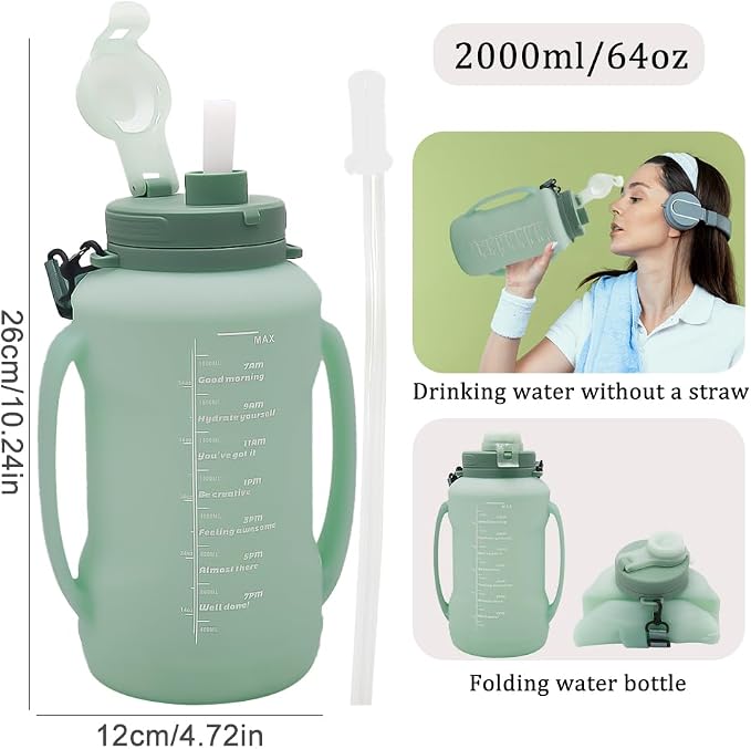 64oz Collapsible Silicone Water Bottle with Straw & Grip(Green) | Save Space,BPA-Free,Large Capacity,Time Marker, Foldable Sport Bottle,Portable for Gym, Hiking, Camping, Outdoor Activities - Image 2