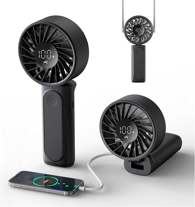 Peiyuu Handheld Fan, Portable Fan, 4000mAh Rechargeable Personal, 180° Foldable Mini Desk Fan with 6 Wind Speed, LCD Digital Display, Lanyard as Neck, Ultra Quiet, Pocket Size for Indoor Outdoor by Peiyuu