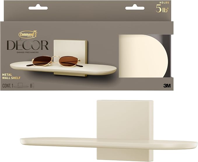 Command Decor Metal Wall Shelf, Light Beige, 1 Shelf, 8 Large Strips by Command