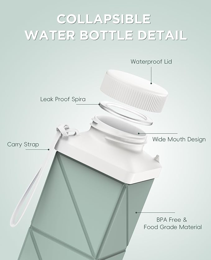 Collapsible Water Bottles 17.4oz(516ML), 2nd Generation Leakproof BPA-Free Travel Water Bottle,Lightweight Reusable Water bottle, Portable for Travel Cycling Gym Camping,Sage Green, 1 Pack - Image 3