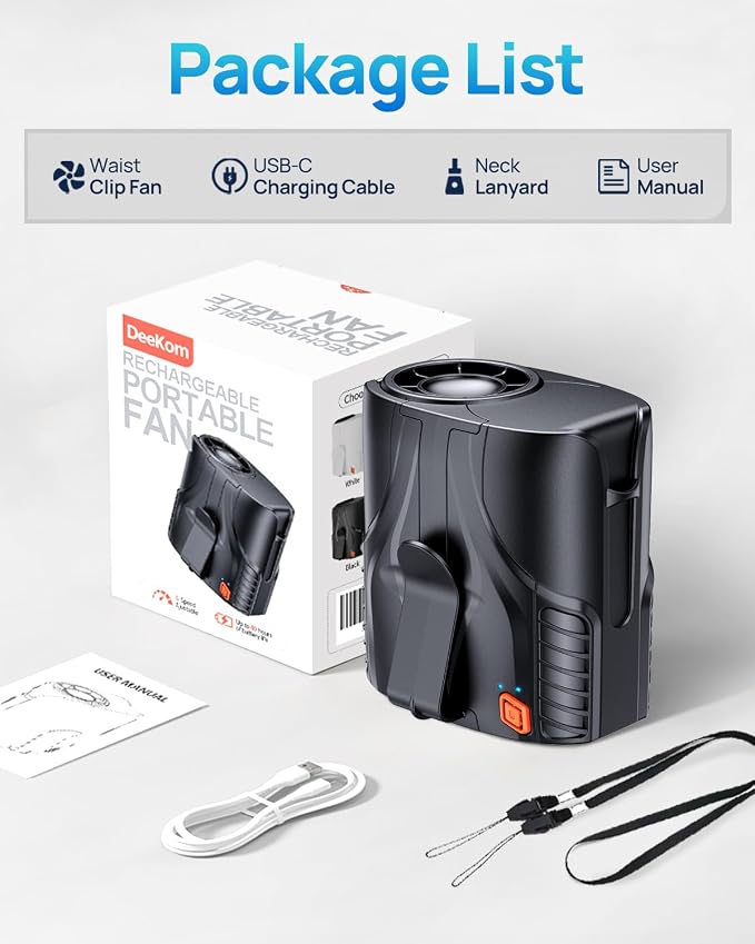 Portable Personal Waist Fan& Neck Fan, 14000RPM Brushless Motor, 40H Runtime Rechargeable, 6-Speed Quiet Operation, Clip-On Personal Body Cooling for Camping/Worksites/Outdoor - Image 9