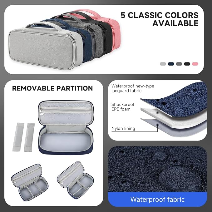 Teskyer Tech Organizer Pouch with Handle, Navy Blue | Water-Resistant Fabric, Adjustable Dividers, Multiple Compartments, Protective Lining, Travel and Office Use - Image 5