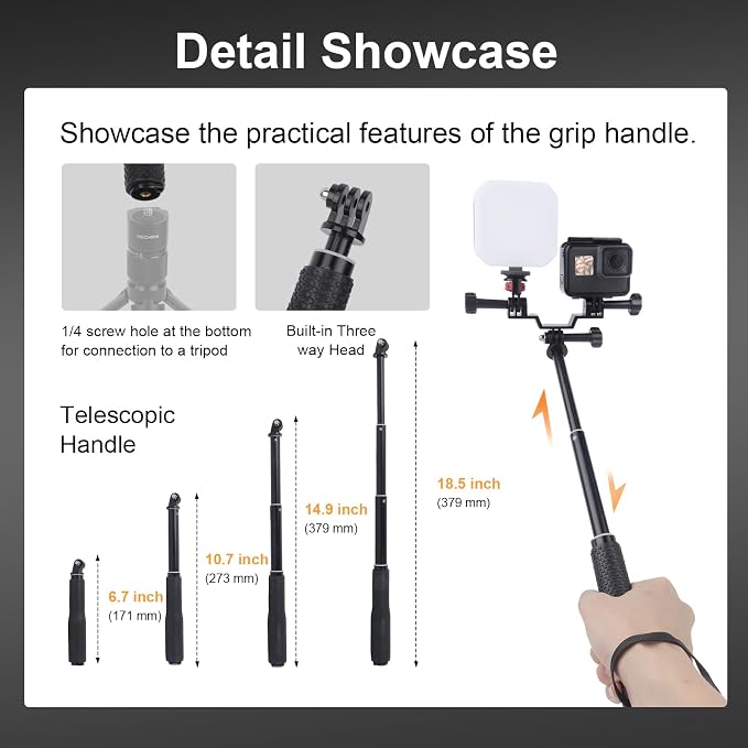 Dual Action Camera Mount & 19" Short Selfie Stick Kit, Aluminum Twin Adapter for GoPro, Compatible with Insta360, for DJI Osmo - Front/Rear View Recording, YD029 - Image 4