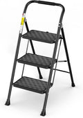 HBTower 3 Step Ladder, Step Stool Foldable for Adults | Wide Anti-Slip Pedal, Lightweight 3 Step Ladders for Home, Black by HBTower