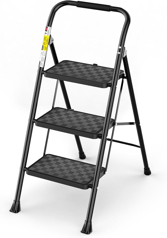 HBTower 3 Step Ladder, Step Stool Foldable for Adults | Wide Anti-Slip Pedal, Lightweight 3 Step Ladders for Home, Black by HBTower