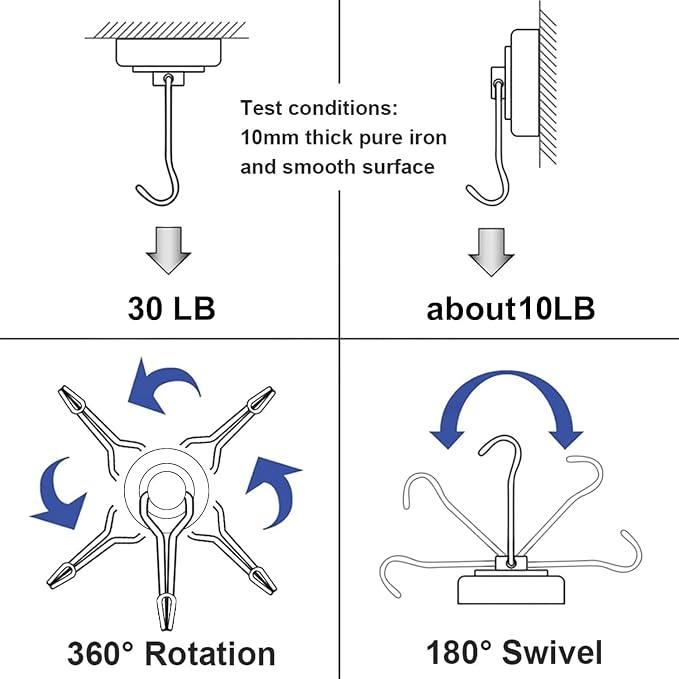 Swivel Swing Black Magnetic Hooks, 30lbs Magnet Hook, Pack of 10 | Heavy Duty Strong Magnets Refrigerator Fridge Hanging for Classroom Beach Vacation Kitchen Grills Home - Image 4
