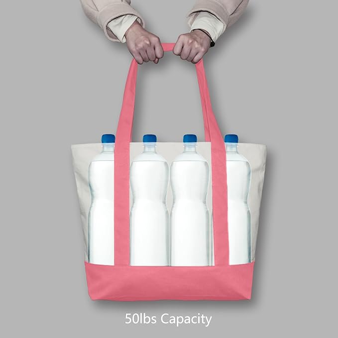 TOPDesign 6-Pack Canvas Tote Bags with an External Pocket, Reusable Grocery Shopping Bags, Top Zipper Closure, Daily Essentials (Rose Pink/Natural) - Image 6