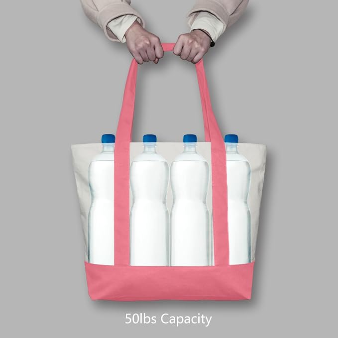TOPDesign 1-Pack Canvas Tote Bag with an External Pocket, Reusable Grocery Shopping Bag, Top Zipper Closure, Daily Essentials (Rose Pink/Natural) - Image 6