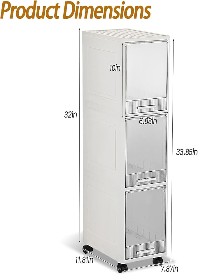3 Drawer Slim Storage Organizer, Narrow Plastic Storage Drawer Cart with 4 Wheels, 3 Tier Space Saving Storage Tower Box, Narrow Storage Cart for Small Space Bedroom Bathroom Kitchen Pantry Office - Image 2