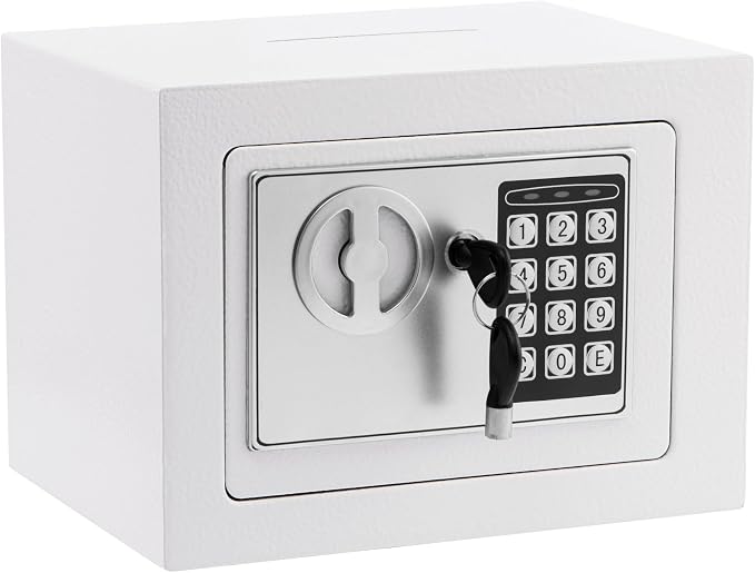 Small Safe Box With Digital Keypad & Keys - 9.05 x 6.7 x 6.7 Inches Wall Safe 0.23 Cuft Mini Security Lock for Coin Home Office Hotel Rooms Business Jewelry Gun (White) by ELLAIG