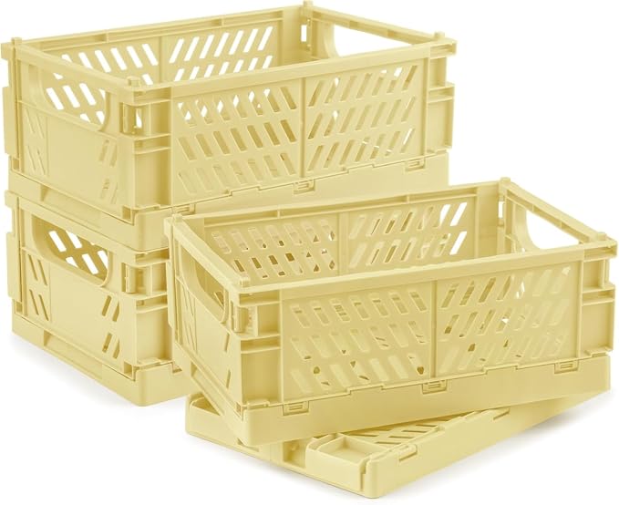 4 Pcs Collapsible Storage Crates, 10x5.9x4 inches Space-Saving Folding Containers, Stackable Plastic Boxes for Home Kitchen Office Bedroom Bathroom, Beige by Unknown