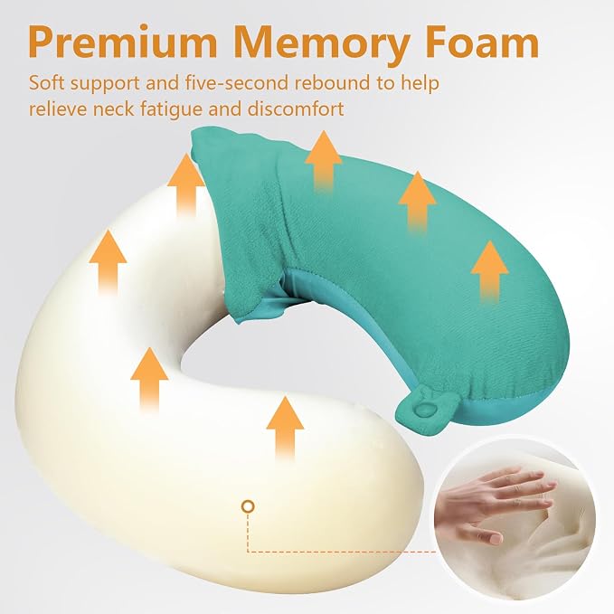 Travel Pillow, Memory Foam Neck Pillow for Traveling, U Shape Airplane Portable Flight Pillow Adult Travel Neck Pillow for Plane Train Car Home Office (Blue Turquoise) - Image 3