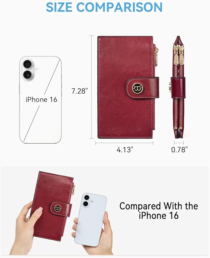 BOSTANTEN Leather Womens Wallet Large RFID Blocking Slim Card Holder | 16 Card Slots, 2 Zipper Pockets, Bifold, Long, Fits Most Purses, Organized Everyday Carry, Ladies Gifts, Wine-Red - Image 2