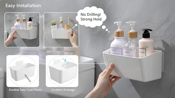 Bath Shelve, Adhesive Shelf Shower Caddy Bathroom Organizer, No Drill Wall Mounted Shower Caddy Basket Plastic，White Storage Rack for Bathroom/Kitchen - Image 7
