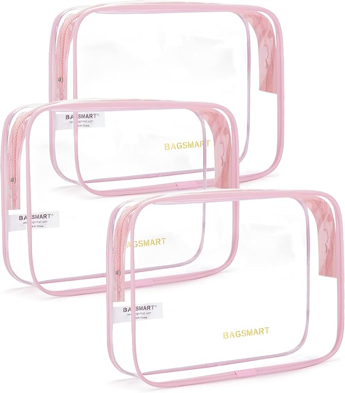 BAGSMART Clear Toiletry Bag 3-Pack TSA Approved Water-Repellent, Pink | Carry on Travel Accessories Bag, Airport Airline Quart Size Bags for Women Men, Makeup Cosmetic Bag by BAGSMART