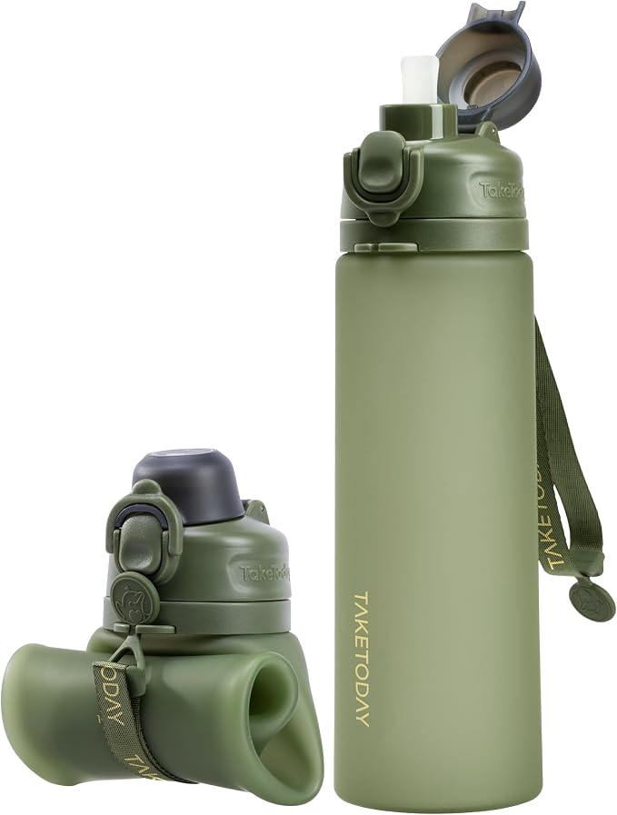 TakeToday Collapsible Water Bottles 21oz (600mL), Foldable Platinum Silicone Travel Water Bottle with Straw & Carry Strap, Leak-Resistant Screw Lid, Wide Mouth, BPA-Free for Hiking, Camping, Travel by TAKETODAY