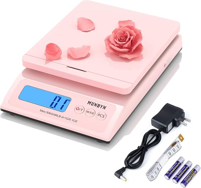 MUNBYN Shipping Scale, 66lb/0.1oz Accurate Digital Postal Scale Pink | Hold & Tare & PCS, Dual Power AC or Battery, Backlit LCD, Sweet Pink Design, Package Weight Scale by MUNBYN