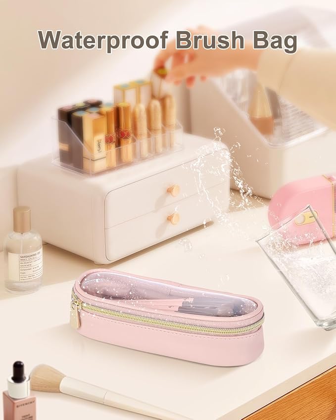 Soimeat Clear Travel Makeup Brush Holder, Leather Makeup Brush Toiletry Bag, Portable Cosmetic Brush Case, Transparent Waterproof Makeup Brush Storage Bag, Pink - Image 7