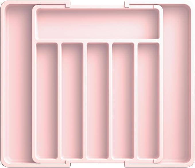 Aujen Silverware Drawer Organizer, Adjustable Utensil Cutlery Tray | Expandable Kitchen Organizer for Forks Knives, Multipurpose Kitchen Storage, Apartment Essentials, Pink, Large - Image 4