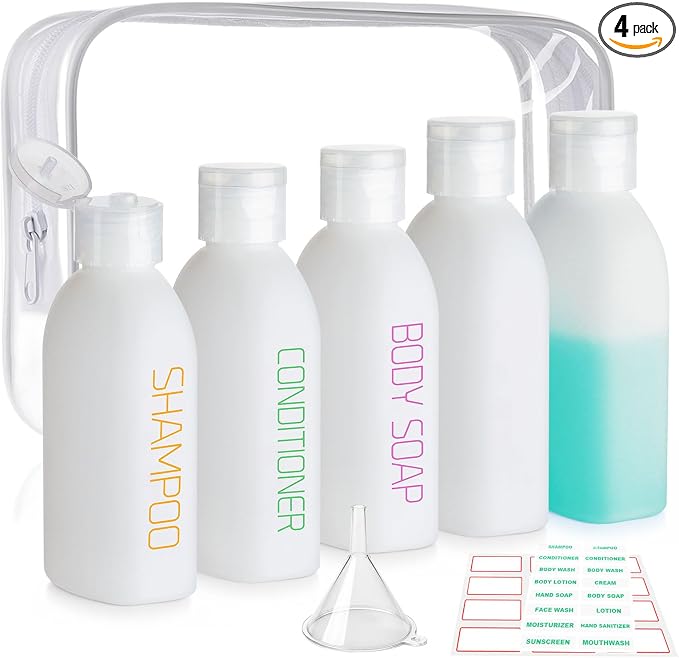 Cosywell Travel Bottles for Toiletries 5 Pack 3.4oz Travel Size Containers | Pre-Printed Shampoo, Conditioner, Body Soap, Soft Touch HDPE ,TSA Approved, Leak Proof, Squeezable Toiletry Bottle(White) by Cosywell