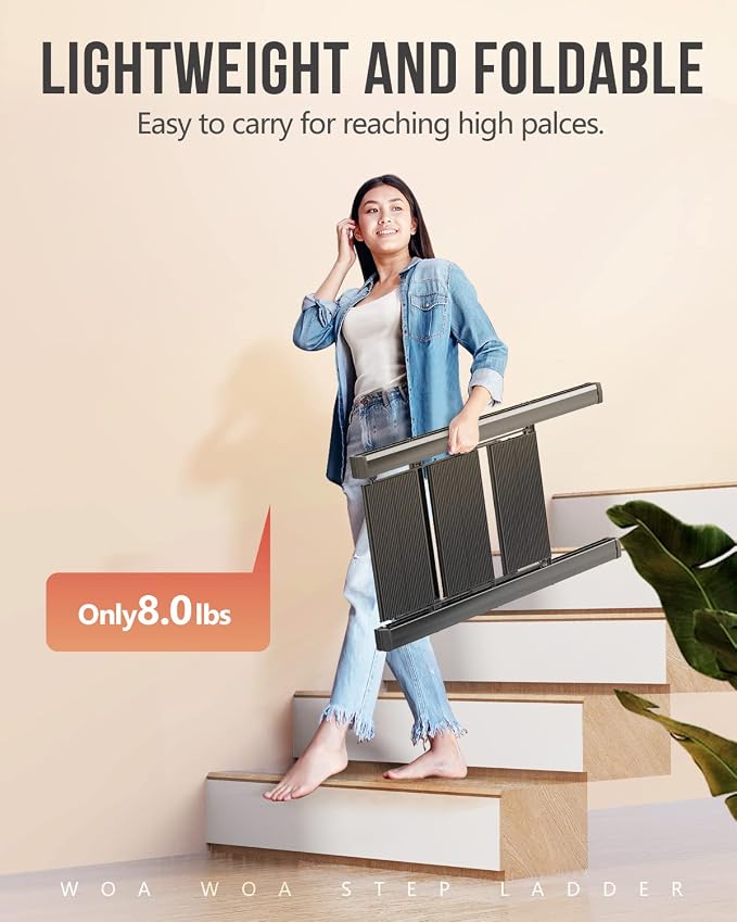 3 Step Ladder, Foldable Step Stool, 300lbs Load, Black | Folded 35''H x 2''T; Net 7.99 lbs; Rigid Aluminum Steps; No Assembly; For Home, Kitchen, Office, Pantry, Closets, Cabinets - Image 2