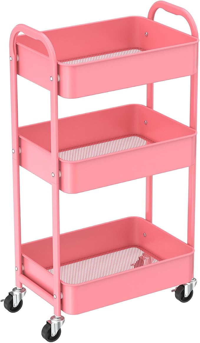 MAX Houser 3-Tier Rolling Utility Cart with Caster Wheels,Easy Assembly, for Kitchen, Bathroom (Pink) | Easy Assembly, multi-purpose storage trolley for kitchen, rolling cart with smooth caster wheels for bathroom - Image 9