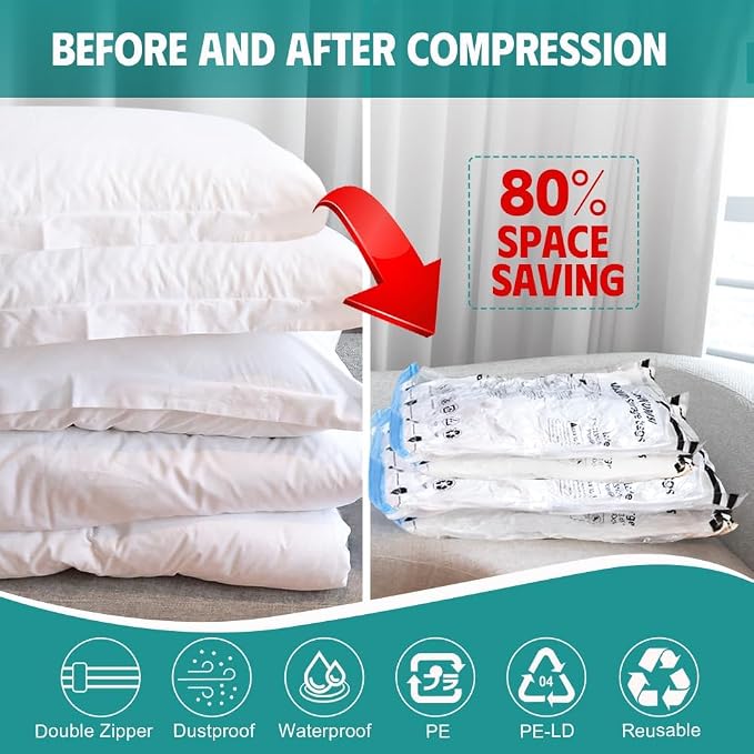 Vacuum Storage Bags, 80% Space Saver Bags for Clothing, Travel, Blankets, Comforters—Compression Bags with Hand Pump, 12 Combo - Image 4