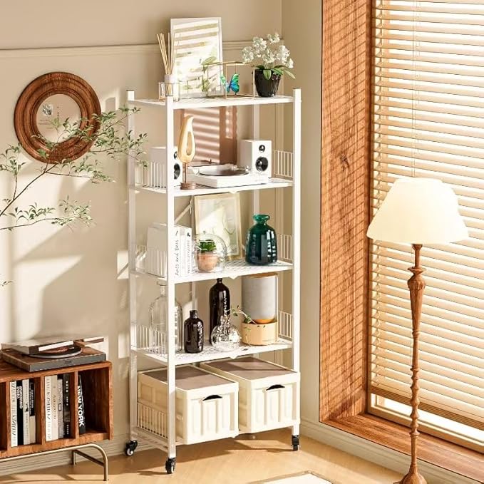 Folding Shelves No Assembly, 5 Tier Foldable Storage Shelves with Wheels, 220LBS Per Shelf Metal Collapsible Rack for Pantry Storage & Home Organization, White - Image 6