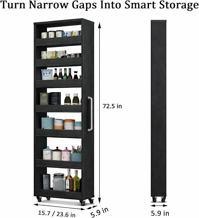Beside Fridge Storage Slim Tall Cabinet - 7-Tier Tall Narrow Kitchen Pantry Pull Out Storage Cabinet Next To Fridge, Rolling Cart For Kitchen, Dorm, Bathroom, Laundry & Office (Black, 23.6 in) - Image 2