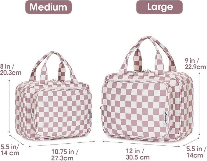 Narwey Travel Toiletry Bag for Women Large Hanging Makeup Bag Organizer Toiletries Bag for Full Size Essentials Accessories Cosmetics (Dusty Pink Checkerboard (Large)) - Image 2