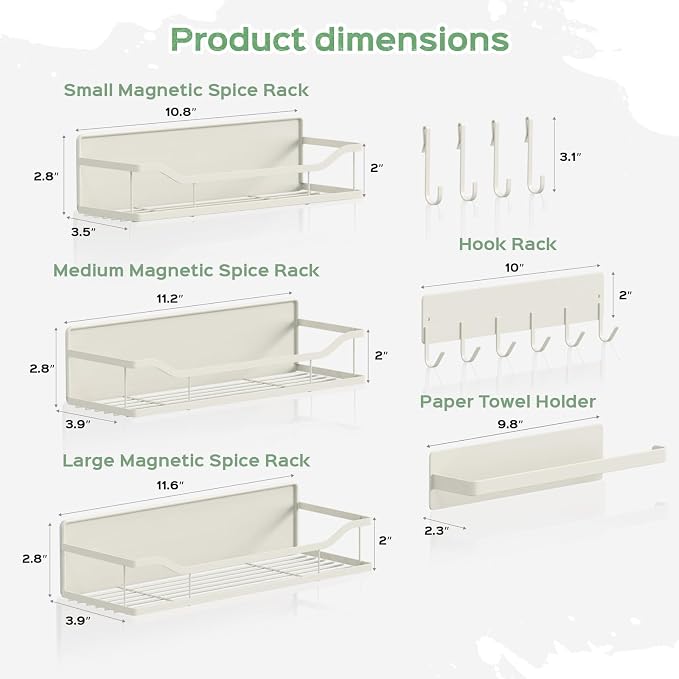 5 Pack Multifunctional Magnetic Shelves for Refrigerator Spice Rack & Washing Machine Organize, Include Paper Towel Holder, Kitchen Utensil Hanger and Hooks, Strong Magnet for Secure Hold (Cream) - Image 2