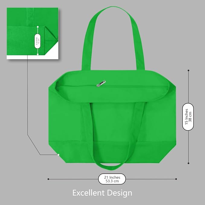 TOPDesign 1-Pack Canvas Tote Bag with an External Pocket, Reusable Grocery Shopping Bag, Top Zipper Closure, Daily Essentials (Lime Green) - Image 5
