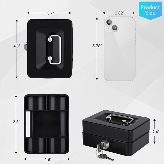 Mini Cash Box with Slot Small Cash Box with Money Tray and Key Lock, Metal Lock Box for Casino Gamblers 4.9" x 3.7" x 2.4" Black - Image 3
