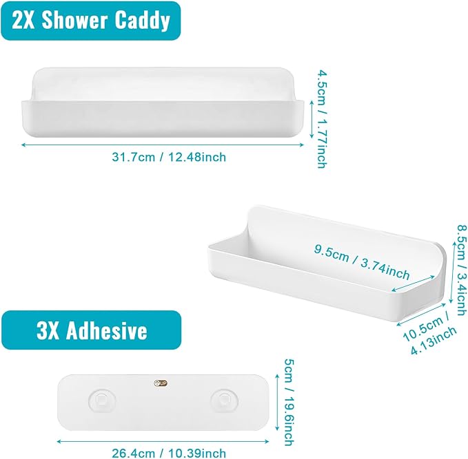 CGBE 2-Pack Adhesive Shower Shelves, Acrylic Bathroom Wall Caddy, White | No Drilling, Acrylic Organizer, Drain Holes, Removable Design, Bathroom Wall and Bathtub Storage - Image 2