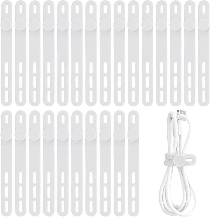 Oligei 25 Pcs Silicone Cable Ties, Cable Ties Reusable, High Elasticity Cord Wraps for Electrical Cords, Cord Organizer for Earphone, Phone Charger(White) by Oligei