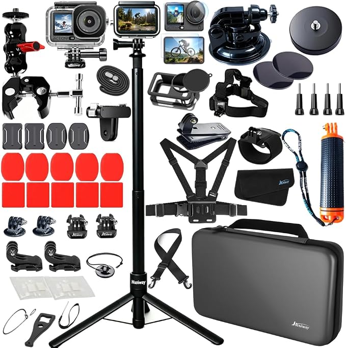 Accessories Kit for DJI Osmo Action 6 Aluminum Alloy Bike Mount Selfie Stick Tripod, Waterproof Housing, Magnetic Mount with Chest Strap, Head Mount, Carrying Case DJ6B (DJI OSMO ACTION6) by Husiway
