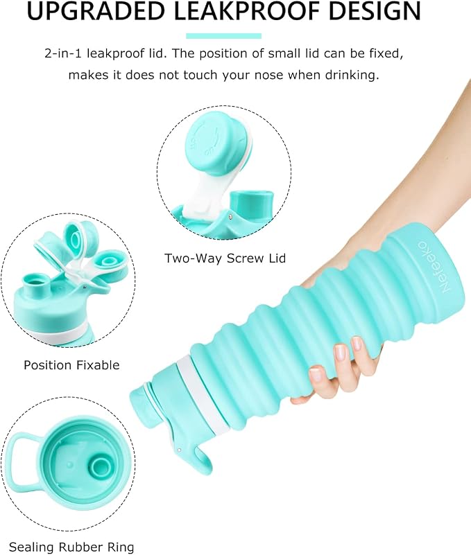 Nefeeko Collapsible Water Bottle, 26oz Silicone Foldable Water Bottles | Leakproof BPA Free Travel Water Bottles with Carabiner,Portable Sport Water Bottles for Camping,Hiking Outdoor Indoor Sport - Image 3