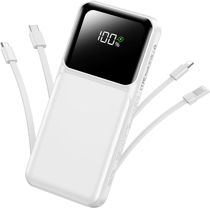 Portable Charger Power Bank with Built in Cable 20000mAh Fast Charging | Power Bank USB C Slim 22.5W LED Display Battery Pack 5 Outputs & 3 Inputs for Travel Essentials iPhone Samsung Phones White by RONEGN