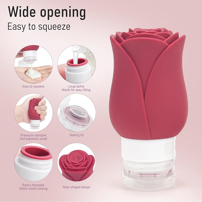 Travel Containers Bottle for Toiletry 4 Pack 3oz Leakproof TSA Approved & Refillable Mini Cream Jars, Silicone Squeeze Tube Rose Bottles for Shampoo Lotion Body Wash BPA Free +Bag, Red Pink Rose - Image 6