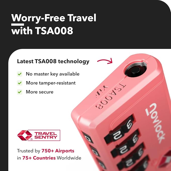 TSA Approved Luggage Locks, Travel Locks with Inspection Indicator | TSA008, Easy to Read Dials, 4 Digit Combination, Flexible Steel Cable, for Suitcases, Backpacks, Bags, 2-Pack, Pink - Image 6