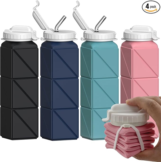 BEAUTAIL Collapsible Water Bottles with Straw 21 oz, Travel Water Bottle | BPA Free, Leakproof & Reusable, Silicone Foldable Water Bottle for Traveling, Hiking, Gym, School, Sports, Outdoor, 4-Pack by BEAUTAIL