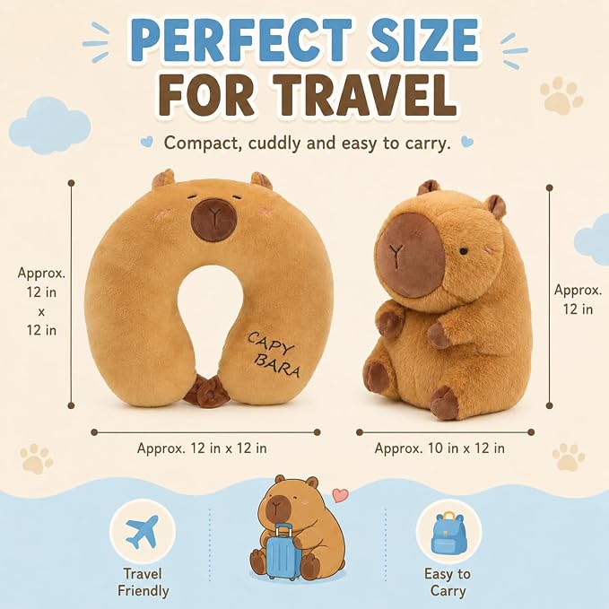 Capybara Travel Pillow for Kids & Adults Car Neck Pillow Memory Cotton U-Shaped Neck Pillow Soft Head Support Travel Accessories for Airplane Car Train Bus Airplane Pillow - Image 3