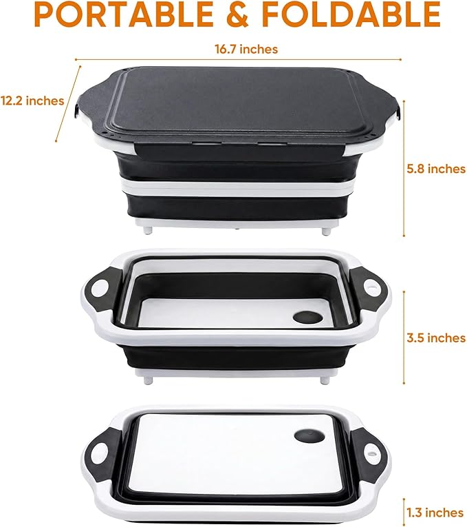 Collapsible BBQ Prep Tub with Lid, Foldable Camping Sink with Colander, Cutting Board, Dish Basin for Kitchen, Bowl, Vegetable and Fruit, Storage Basket for Picnic-Black - Image 4